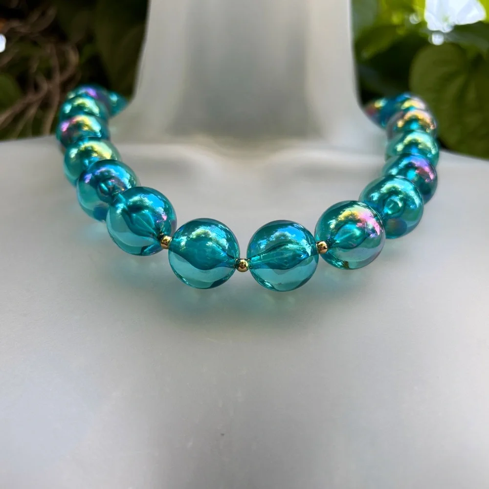 Natasha Couture Clear Blue Acrylic Ball Necklace Retro Iridescent Gold Cocktail - Picture 3 of 14